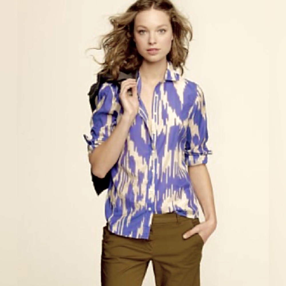 J. Crew Silk/Cotton Indigo/Blue Violet Ikat Print Button Down Perfect Shirt 4